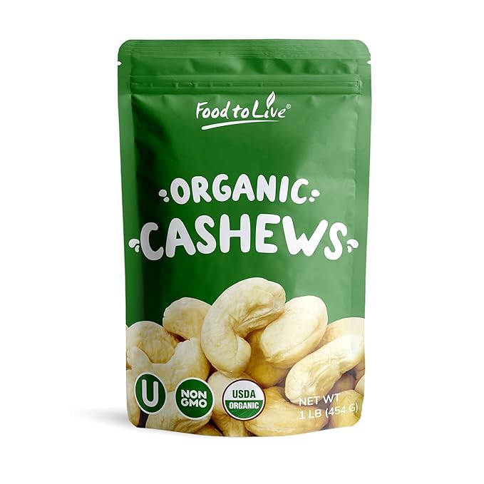 Food to Live Organic Cashews, 1 Pound ??Whole, Size W-240, Unsalted, Non-GMO, Kosher, Raw, Vegan, Bulk