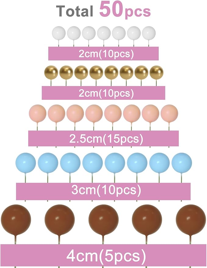 ASTARON 50 Pcs Ball Cake Topper Sticks Mini Balloons for Cake Decorating Supplies Foam Balls Cake decorations for Baby Shower Cake Birthday Cake Toppers Decorations (Light Blue, Brown)