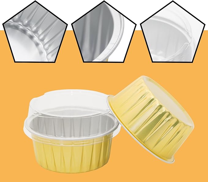 100 Pack 4.2oz Aluminum Cups with Lids Mini Flan Containers with Lids Cupcake Baking Cups, Gold