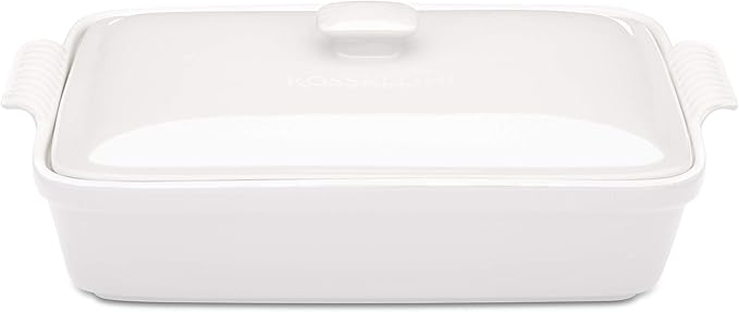 Stoneware Casserole Dish Bakeware Set with Lid, Covered Rectangular Dinnerware, Extra Large 4.23 Quart, 13 by 9 Inch, Bianco [White]