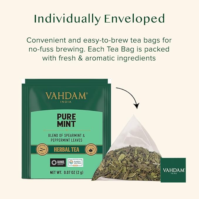 VAHDAM, Pure Mint Herbal Tea (15 Pyramid Tea Bags) Caffeine Free | Blend of Spearmint & Peppermint - Sweet & Minty | Resealable Ziplock Pouch