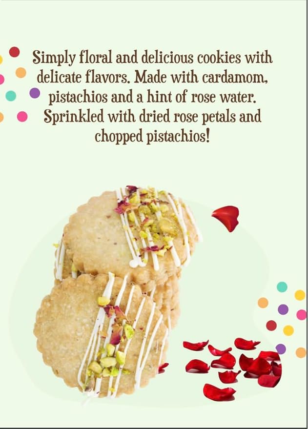 Rose Pistachio Cookies- Gourmet Indian Cookies, 100% Egg-Free & Vegetarian, Handmade with Real Butter & Pistachios, No Preservatives, Authentic Flavor, 6 oz Pack