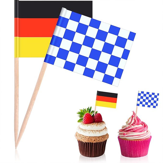 Blulu 100 Pieces Oktoberfest Toothpick Party Accessory Disposable German Flag Toothpick Bavarian Flag Picks Cupcake Toppers Decoration Oktoberfest Festival Decoration