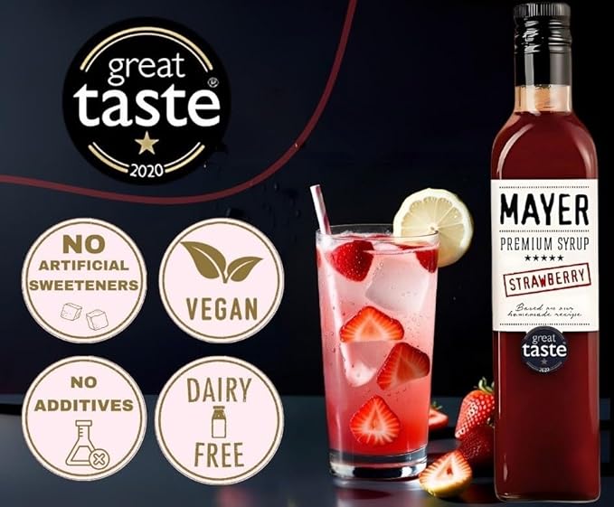 Mayer Premium Hungarian Strawberry Syrup ??Award-Winning Artisanal Strawberry Syrup, All Natural, Over 50% Real Strawberries, Vegan, Gluten-Free ??Ideal for Coffee, Desserts, Cocktails (16.9 oz)