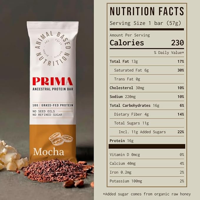 PRIMA ANCESTRAL PROTEIN BAR Grass Fed Protein Bars, 7 Pack ??Animal-Based Protein Bar with Beef Tallow, Raw Honey, Seed Oil Free, Low Carb, Gluten-Free ??Healthy, Energy Snacks for Clean Lifestyle (7 Pack, Mocha)