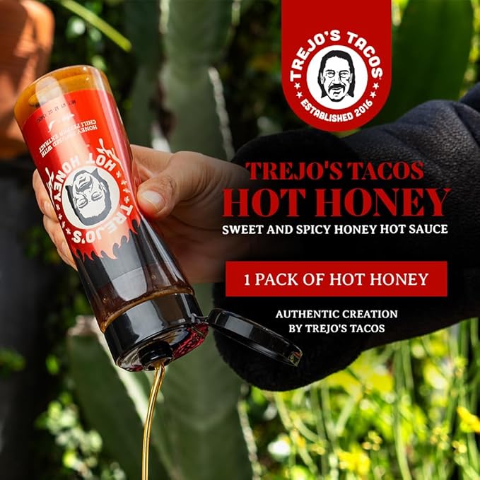 Trejo's Tacos Hot Honey | Sweet and Spicy Honey Hot Sauce | Infused with Chili Pepper Extract | Great for Topping or Dipping Sauce for Oatmeal, Ice-Cream, Fried Chicken & Bbq - Pure and Gluten Free | Authentic Creation by Trejo's Tacos - Pack of 1