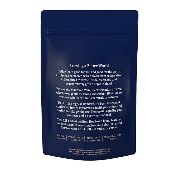 Equip Foods Decaf Clean Coffee | Gold Standard, Certified Organic, Fair Trade, Regenerative | Medium Roast, Whole Bean, Honduras | Caramel+Marshmallow+Milk Chocolate