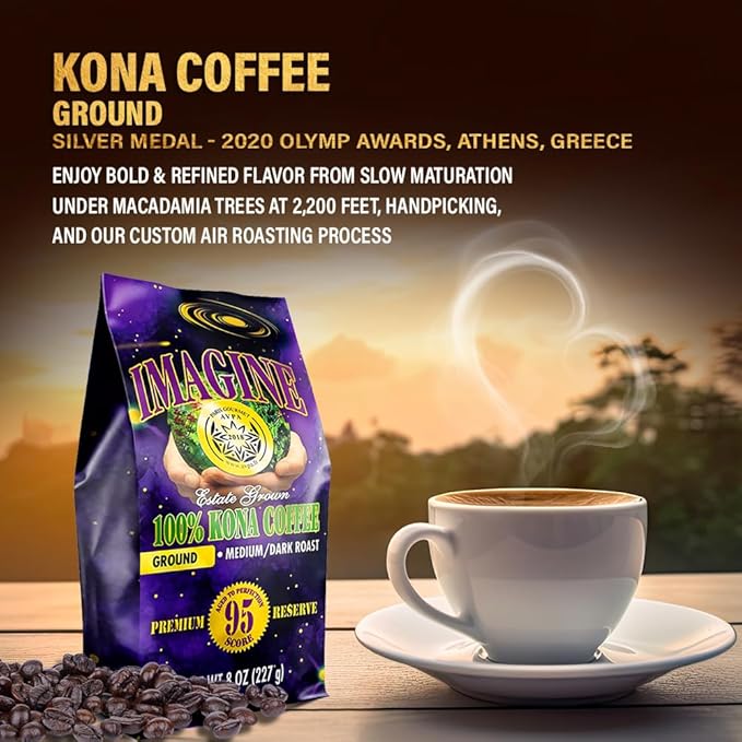 Imagine Kona Organic Coffee Beans | Arabica Kona Beans | Top Grade Air Roasted | Medium Dark Roast | Organic Whole Bean (Ground, 8 ounce)