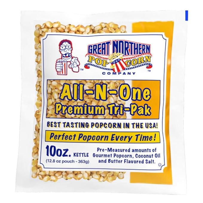 10oz Popcorn Machine Popcorn Packets - All-in-One Movie Theater Style Popcorn Kernels, Salt, and Oil Packs by Great Northern Popcorn (24 Case)