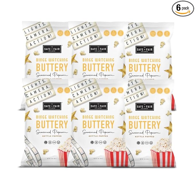 Safe + Fair Plant Based Gourmet Binge Worthy Buttery Seasoned Popcorn - Safe + Fair Binge Worthy Buttery Seasoned Popcorn Non-GMO + Gluten Free + Vegan + Kosher Snacks 3 oz bag,6 Pack