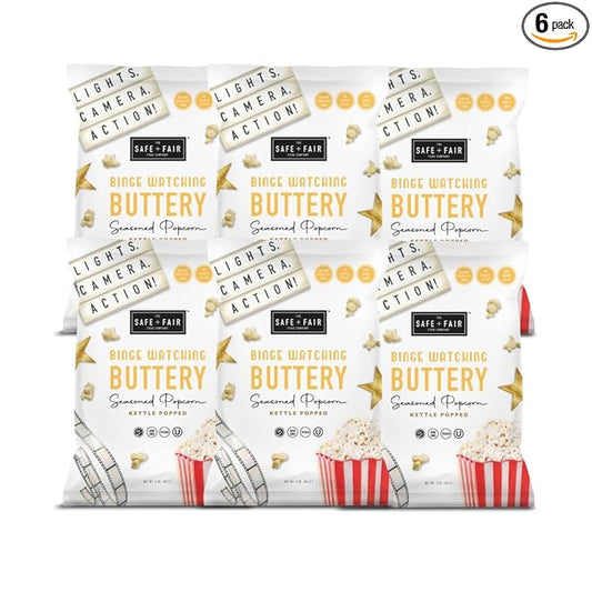 Safe + Fair Plant Based Gourmet Binge Worthy Buttery Seasoned Popcorn - Safe + Fair Binge Worthy Buttery Seasoned Popcorn Non-GMO + Gluten Free + Vegan + Kosher Snacks 3 oz bag,6 Pack
