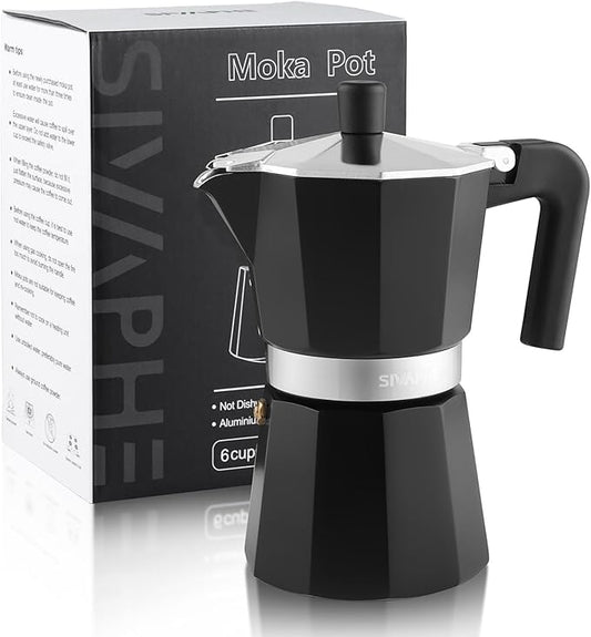 Sivaphe Aluminum Moka Pot 6 Espresso Cups, Percolator Espresso and Coffee Maker, Portable Stovetop Italian and Cuban Cafì±?Brewer for Home and Camping Black