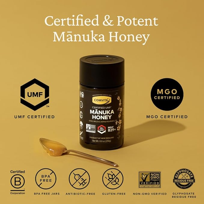 Comvita Manuka Honey UMF 20+ (MGO 829+) - Raw Manuka Honey New Zealand, Pure & Unpasteurized, Superfood for Immune Health, Use in Tea, Wild, Monofloral, Non-GMO - 250g (8.8 oz)