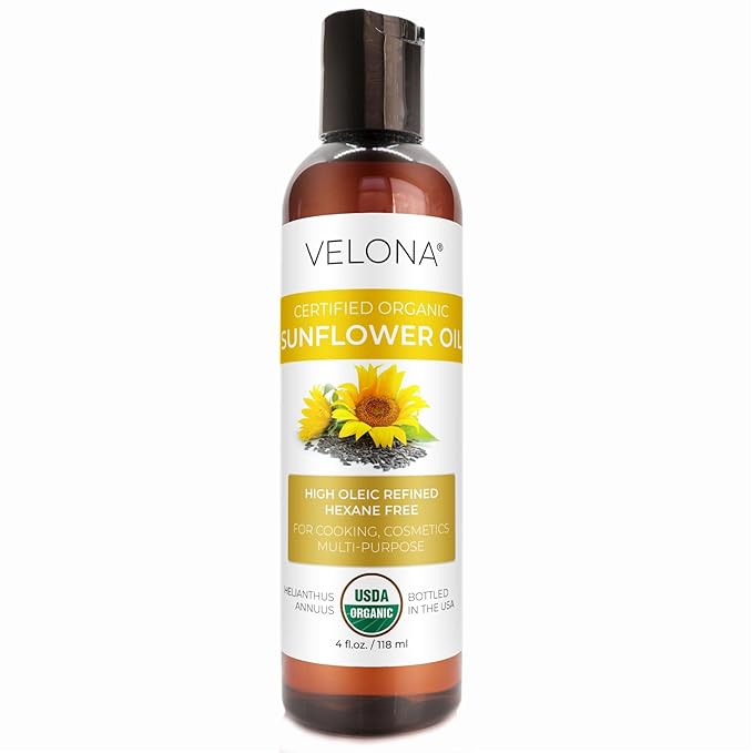 velona USDA Certified Organic Sunflower Oil - 4 Fl Oz | 100% Pure and Natural Carrier Oil | High Oleic, Refined| Cooking, Skin, Hair, Body & Face Moisturizing