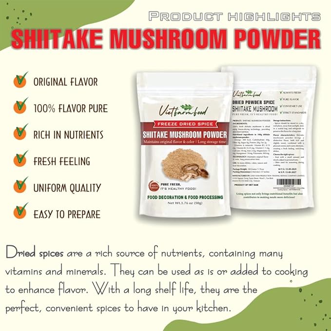 SHIITAKE MUSHROOM POWDER 1.76 Oz (50g) VIETFARMFOOD: Pure, natural freeze-dried spice made from real vegetables, fruits - perfect for enhancing every meal, from cooking, baking, salads, soups, sauces