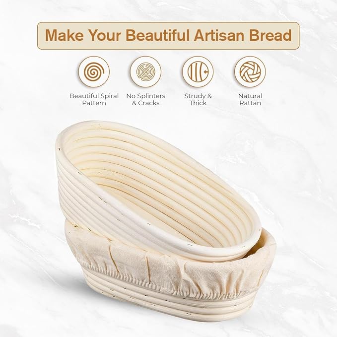 Banneton Bread Proofing Basket 9??Round & 10" Oval with Linen Liners ??Sourdough Bread Baking Supplies Kit | Natural Rattan Sourdough Proofing Basket, Bread Making Tools, Sourdough Banneton Basket