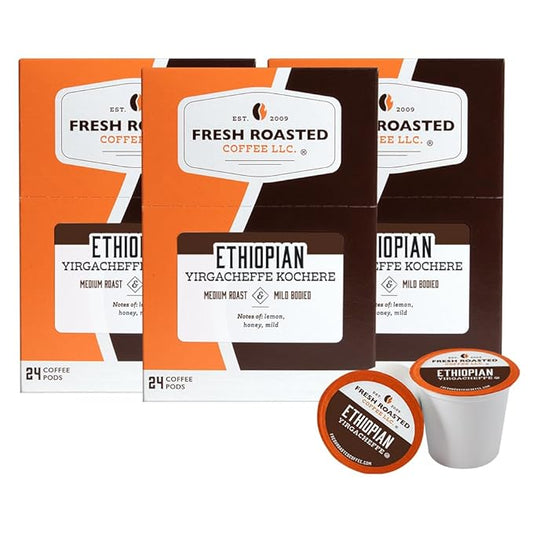Fresh Roasted Coffee, Ethiopian Yirgacheffe Kochere, Medium Roast, 72 Pods for K Cup Brewers