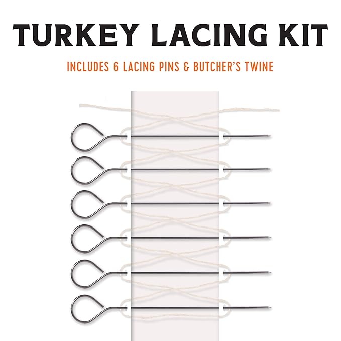 Fire & Flavor Turkey Perfect 6 Piece Lacing Kit - Lacers and Cooking Twine for Roasting - Metal Skewers for Grilling - BBQ Skewers