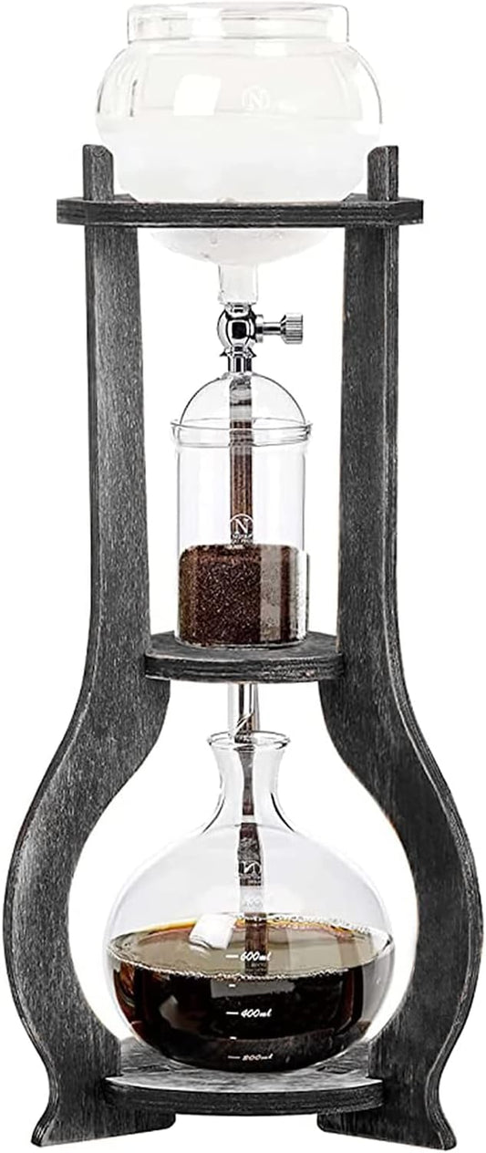 Cold Brew Drip Coffee Maker, 600ml/20.29 Ice Coffee Brewer Machine Cold-Drip Coffee Tower with Glass Container Wood Stand for Home Office