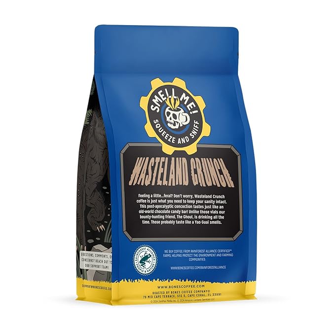 Bones Coffee Company Fallout Wasteland Crunch,Chocolate Candy Bar Flavored Coffee, Medium Roast Low Acid Arabica Beans Compatible with Auto drip and French Press Coffee Maker, 12 Oz Whole Bean