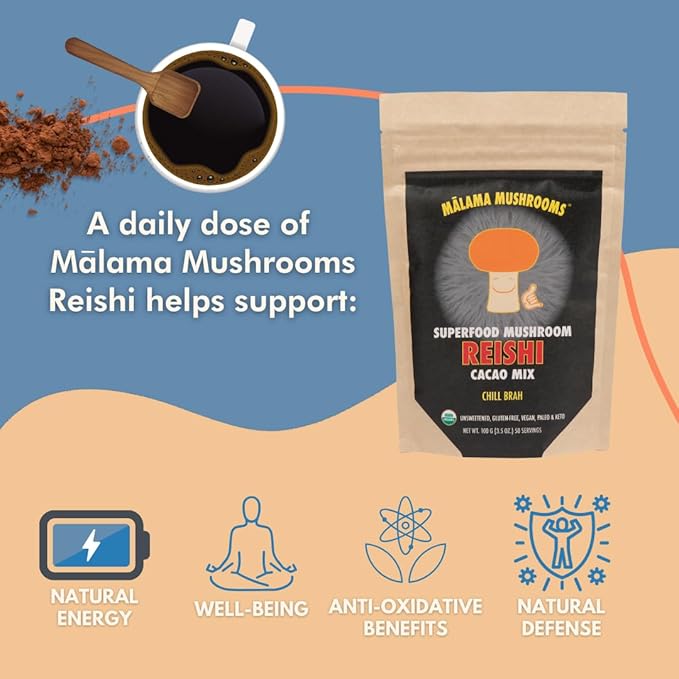 Malama Organic Mushroom Hot Cacao Mix, Reishi Mushroom Powder with Fair Trade Cacao for Immune Support & Relaxation ??Vegan Supplement & Superfood, Non GMO, 3.5 oz (50 Servings)