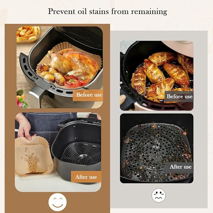 8'' Air Fryer Liners Disposable 100pcs - Non Stick Grease Proof Parchment Paper, Fits 5-8 Quart Baskets & Oven Baking