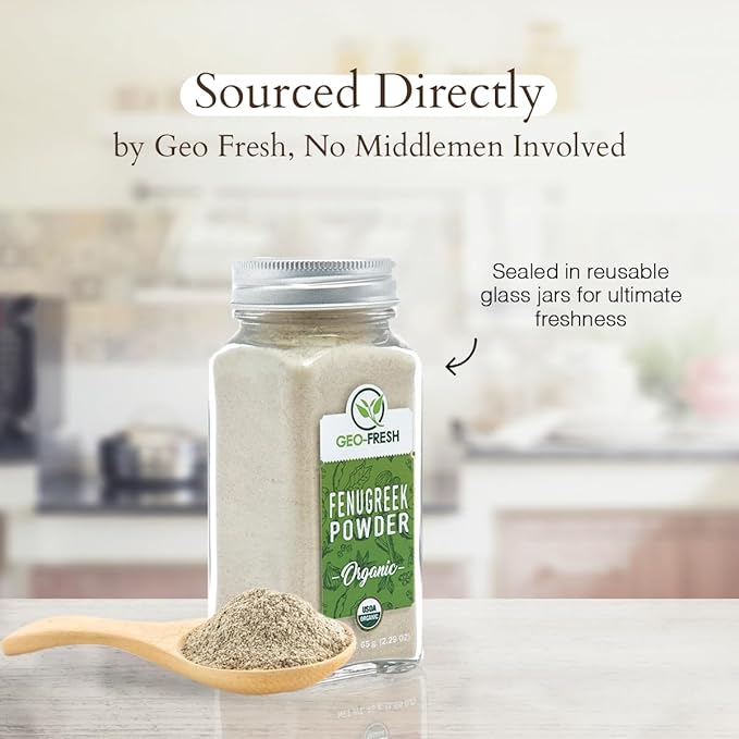 Geo-Fresh Fenugreek Powder Organic ??2.29 oz (65g) ??Organic Fenugreek Powder ??Ground Spices for Cooking ??USDA Certified ??Kosher, Non-GMO, Gluten-Free ??Premium Quality Indian Spice