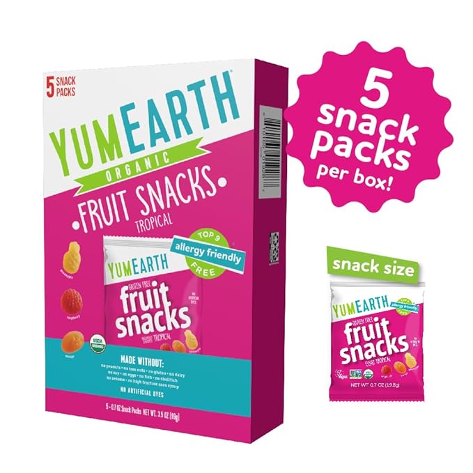 YumEarth Organic Assorted Tropical Flavor Fruit Snacks - Allergy Friendly (Top 9 Free), No Artificial Dyes or Flavors, Non GMO, Gluten Free, Vegan Candy Snacks - 0.7 Ounce (Pack of 5)