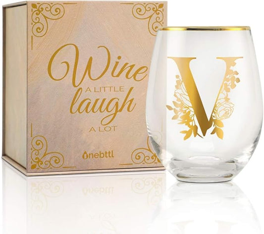Onebttl Unique Stemless Wine Glasses, Initial Wine Cup for Red or White Wine - 18oz, Monogrammed, Gold - for Women, Girls, Female, Her, Friends, Coworkers, Clients - for Birthday, Christmas