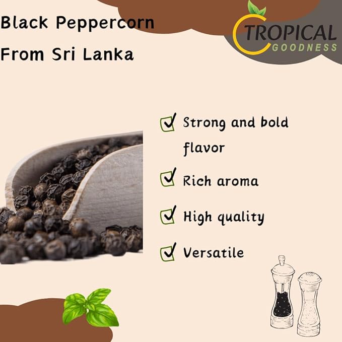 Tropical Goodness Organic Black Peppercorns Whole 16 oz/1lb, For grinder refill, Authentic Tropical Flavour, USDA & Kosher Certified, Non-GMO, Gluten-Free