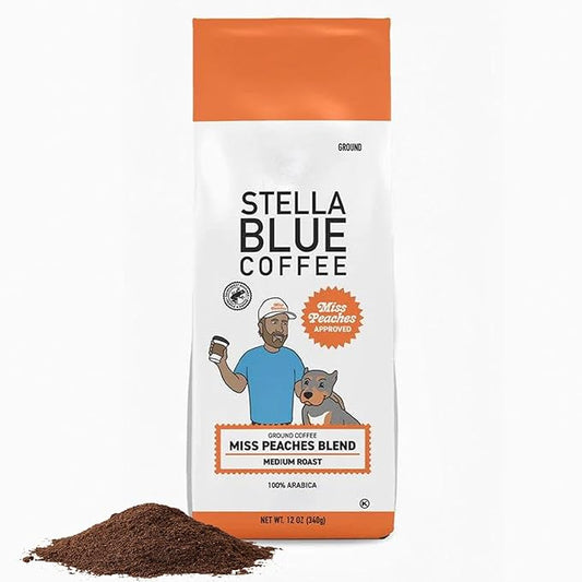 Stella Blue Ground Coffee, Miss Peaches Blend, Medium Roast, Citrus, Caramel and Fruity Notes, 100% Arabica, Ethically Sourced from Central and South America, 12 oz bag
