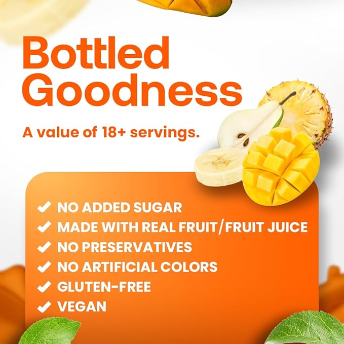 Dr. Smoothie 100% Crushed Mango ??No Added Sugar, Made with Real Fruits/Fruit Juice ??Vegan, No Artificial Colors or Flavors ??Sweet Mango with a Hint of Pineapple & Banana ??46 oz Bottle