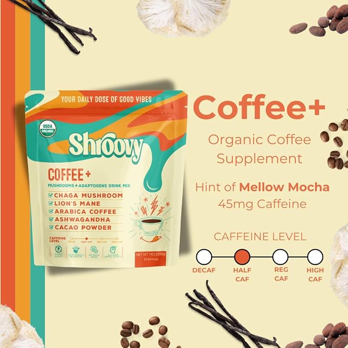 Shroovy Organic Mushroom Coffee | Lion's Mane and Chaga Mushroom | Instant Mushroom Coffee | Half-Caffeine | Mellow Mocha | 2,000mg of Mushroom - 30 Servings