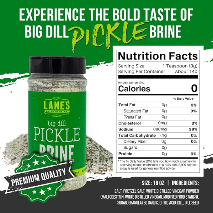 Lane's Pickle Brine Seasoning, All-Natural Pickle Seasoning For a Healthier Dishes to Accommodate Meats, Veggies, Seafood, Made in USA, 16 oz (453g)