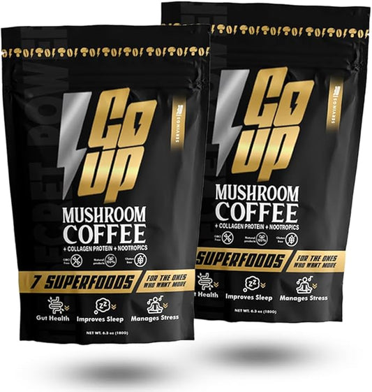 Go Up Mushroom Coffee, Instant Mushroom Coffee Mix with Reishi, L-Theanine, Collagen, Vitamins B6 & B12 – Adaptogenic Blend for Energy, Focus, and Digestive Health 60 Servings of Mushroom Coffee
