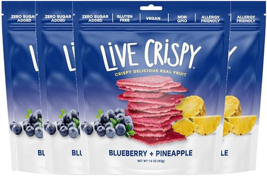 Live Crispy Fruit Chips - Pineapple-Powered Snack Packed with 100% Natural Fruit - Antioxidant-Rich, Vitamin-Packed (Blueberry/Pineapple) 4 Pack