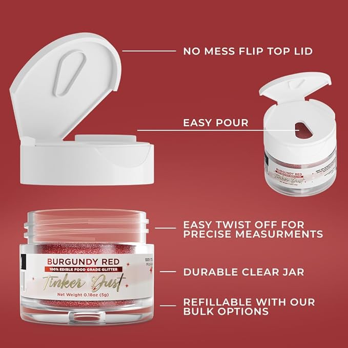 Bakell - Burgundy Red Tinker Dust (5g, 1x Jar) Edible Glitter for Food, Desserts, and Beverages!