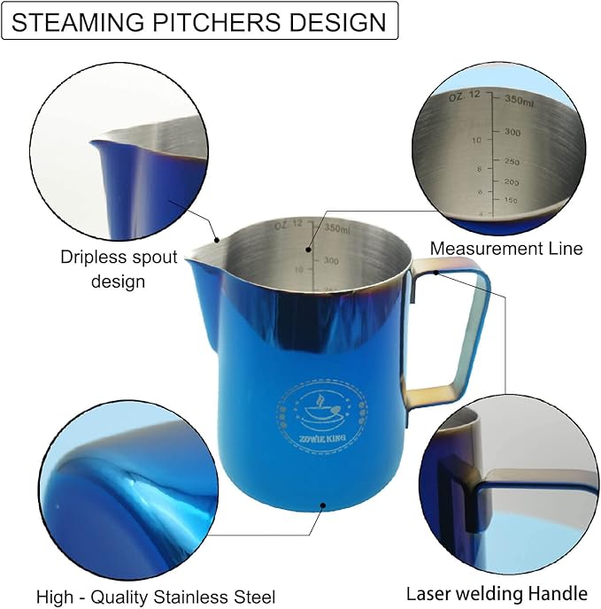 Milk Frother Cup,Milk Frothing Pitcher 12 oz,Steam Pitcher,Espresso Machine,Espresso Frother Cup Blue