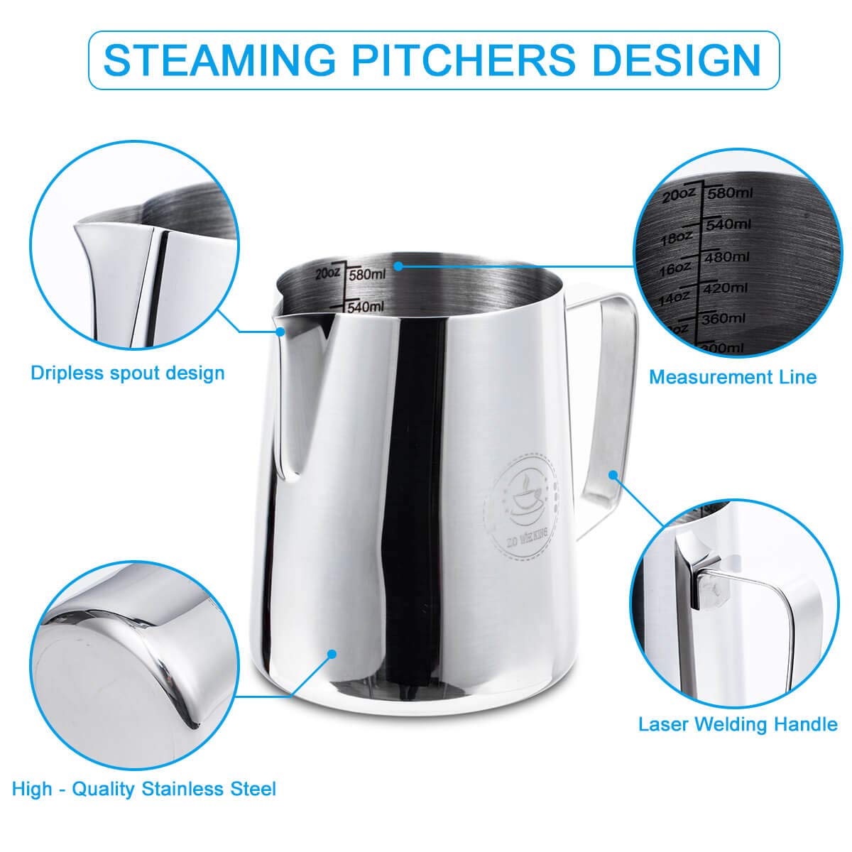 20oz Milk Frothing Pitcher, Stainless Steel Espresso Steamer Frother Cup
