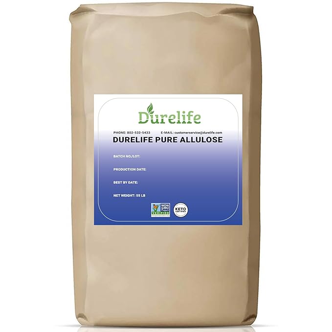 Durelife Allulose sweetener, 55 lb 100% Pure No Erythritol powdered Sugar Substitute, NON-GMO Project Verified, Keto Certified, OU kosher, No Fillers, Zero Calories sugar alternative 55 Lbs, Bulk Bag 880 oz