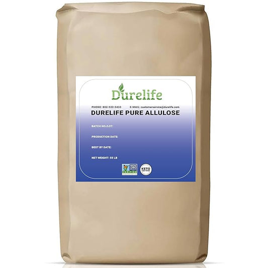 Durelife Allulose sweetener, 55 lb 100% Pure No Erythritol powdered Sugar Substitute, NON-GMO Project Verified, Keto Certified, OU kosher, No Fillers, Zero Calories sugar alternative 55 Lbs, Bulk Bag 880 oz