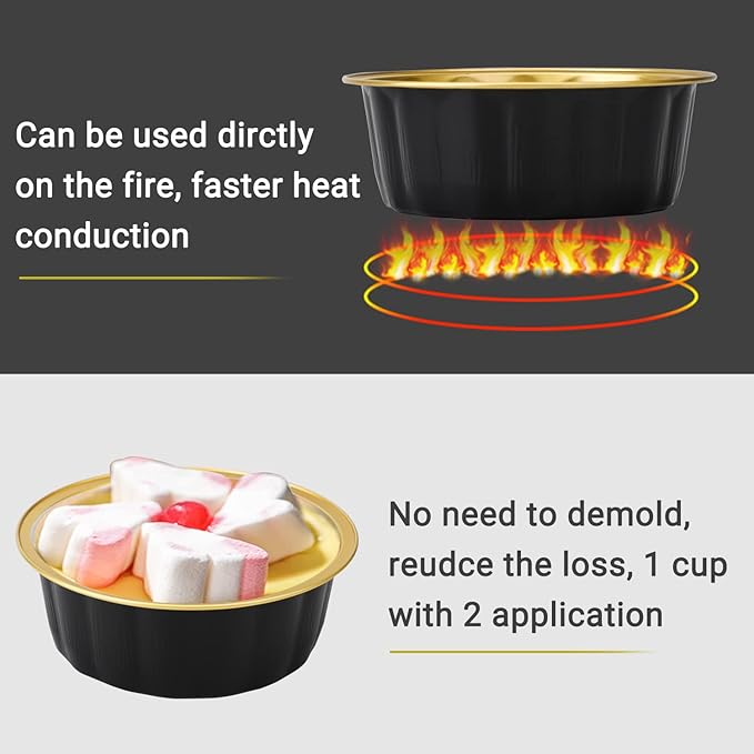 Beasea Disposable Ramekins 8oz, 100 Pack Black Gold Aluminum Foil Cups with Lids, Disposable Creme Brulee Muffin Cupcake Baking Cup Mini Pudding Cups for Party Wedding Birthday