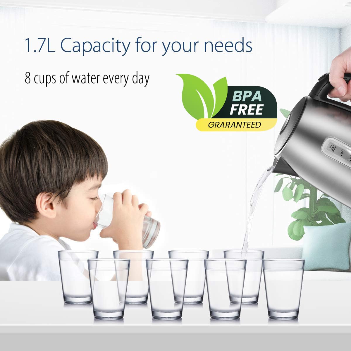 COMFEE' Stainless Steel Electric Kettle, 1.7 Liter Tea Kettle Electric & Hot Water Kettle, 1500W