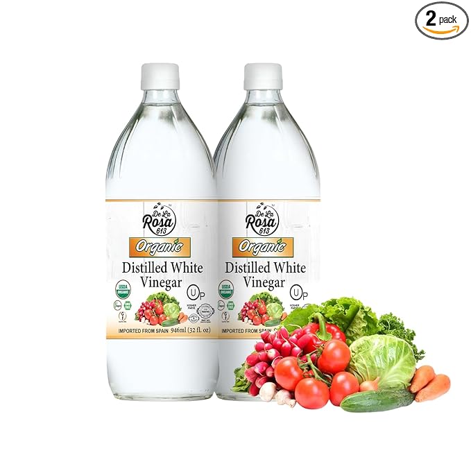 De La Rosa Organic Distilled White Vinegar, White Vinegar Raw & Unfiltered, Kosher for Passover, Vegan & Gluten Free, Great for Salad Dressing, Marinades, 32 Oz (Pack of 2)