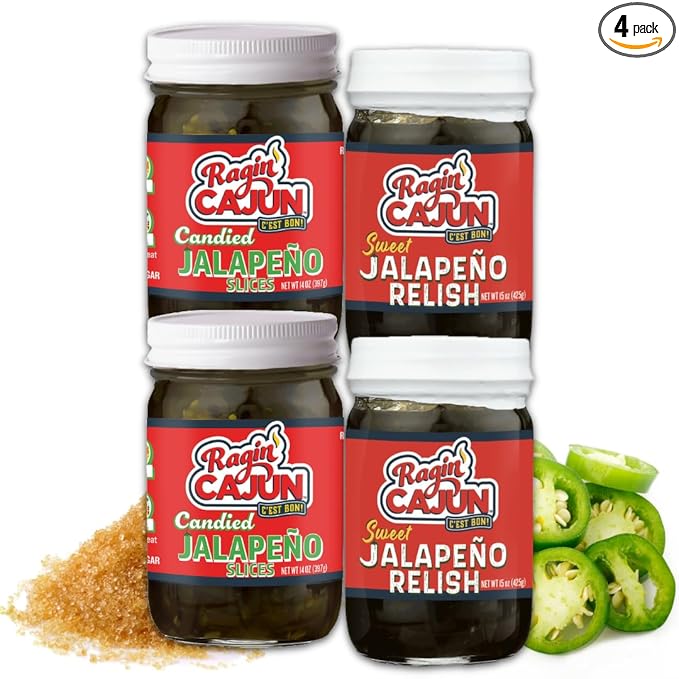 Jalapeño Variety Pack - Candied Jalapeño Slices 14 oz (2) + Sweet Jalapeño Relish 15 oz (2), Louisiana Condiments by Ragin' Cajun