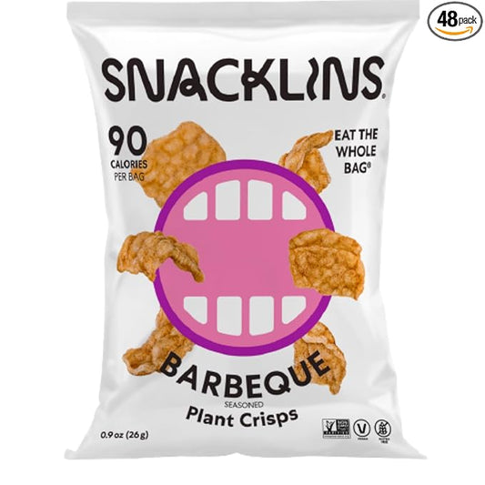 SNACKLINS Plant Based Crisps BARBEQUE - Gluten Free, Grain Free, 100% Kosher, Vegan Healthy Snacks, Crunchy Puffed Snack, Only 100 Calories Per Bag - .9oz Bag (Case of 48)