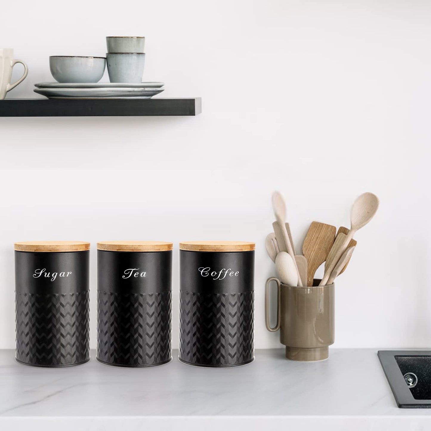Bekith 3 Pack Kitchen Canisters with Bamboo Lids, Airtight Metal Canister Set, Food Storage
