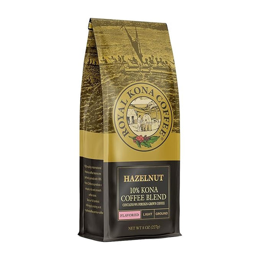 Royal Kona 10% Hawaiian Kona Coffee Blend, Hazelnut Flavor, Light Roast Ground, 8 Ounce Bag