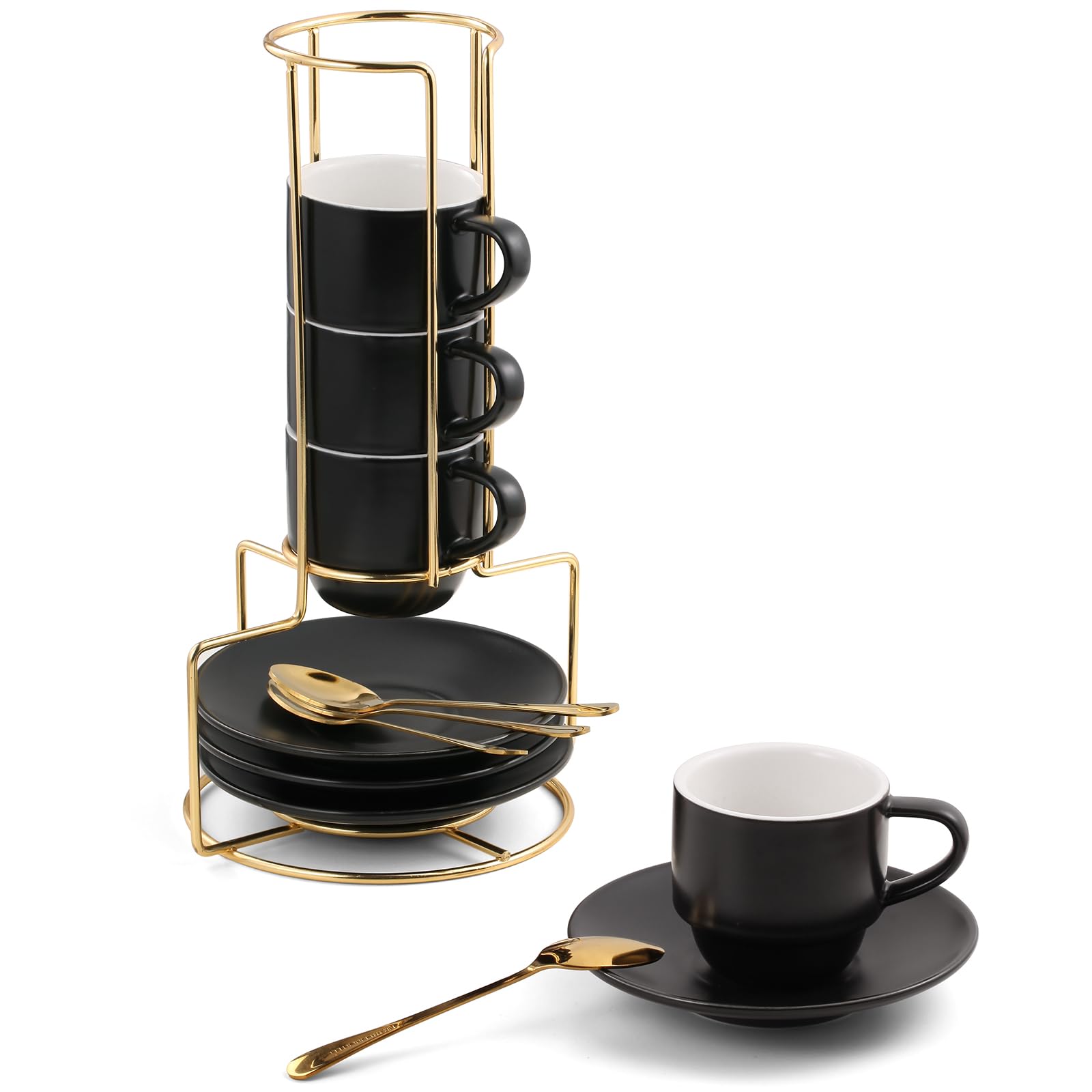 Lareina 3-Ounce Espresso Cups Set of 4, Small Stackable Coffee Cups with Saucers, Spoons and Metal