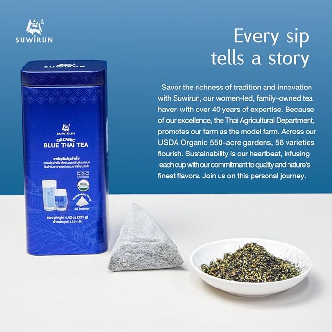 Suwirun Organic Blue Thai Tea 25 Bags ??Naturally Blue Butterfly Pea Tea ??Floral Aroma with Vanilla & Green Tea ??Great for Hot, Iced & Milk Tea
